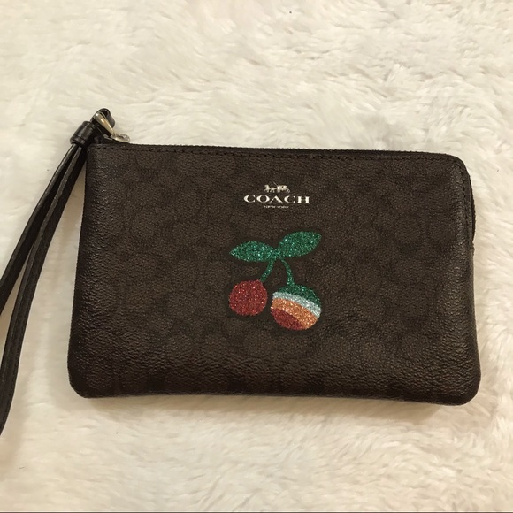 Coach Handbags - COACH CHERRY GLITTER LOGO BROWN POUCH WALLET wrist